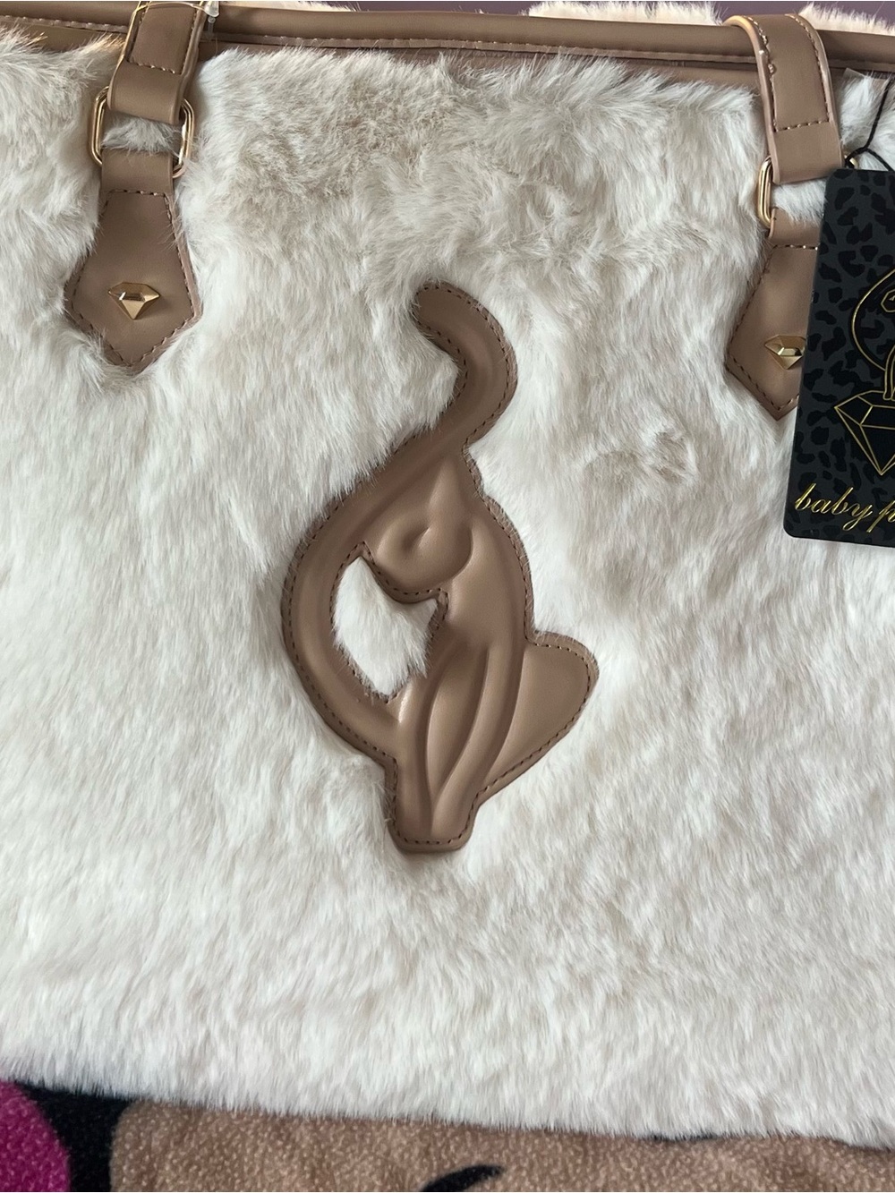 Baby Phat Cream /white Faux Fur Tote with Taupe Accents and Cat Emblem